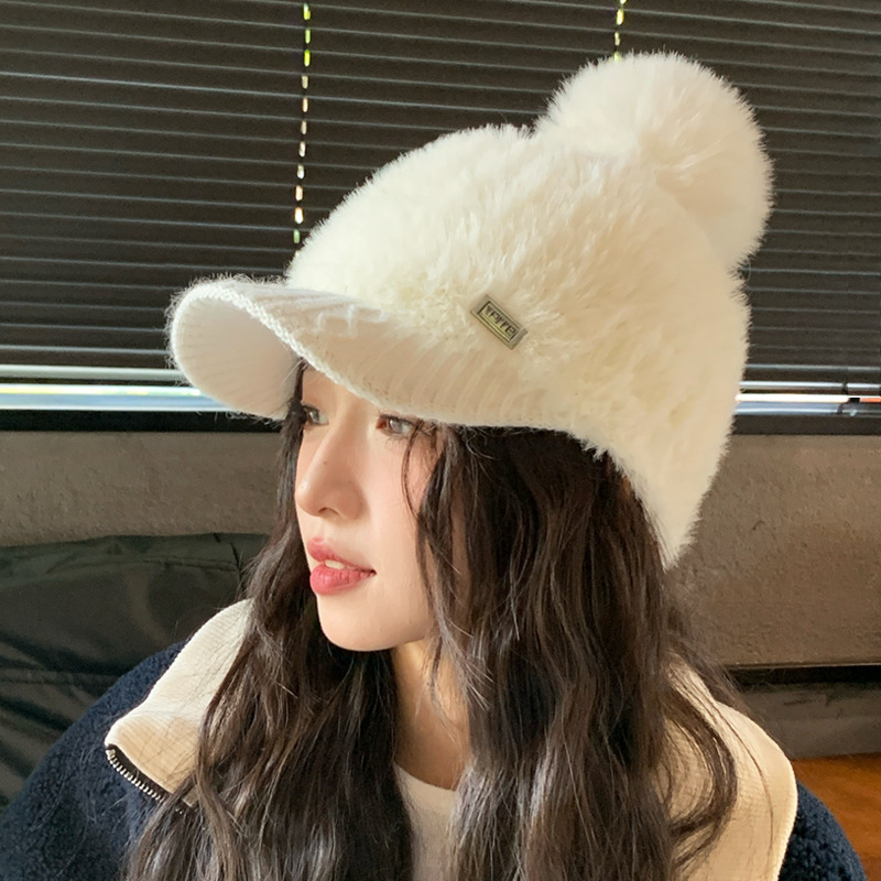 秋冬季帽子女款鸭舌帽护耳兔毛保暖帽韩系时尚百搭纯色针织毛球帽|undefined