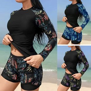 2025 Cross-border New European and American Foreign Trade Swimwear Long-sleeved Printed Stitching Double-layer Shorts Women's Split Tankini