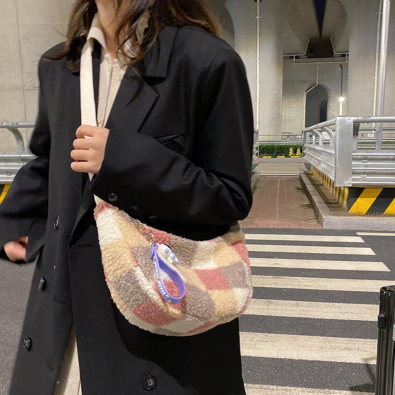 処理バッグ女2023秋冬小清新格子バッグソフト妹羊小毛斜めショルダーバッグ日系かわいいショルダーバッグ|undefined