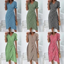 2023夏季新款亚马逊ebay跨境热销几何拼贴泡泡袖不规则下摆连衣裙