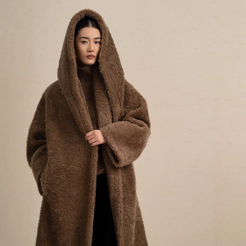 Ju Warm Loose Wide Version Fashionable 100 Wool Loose Wide Version Hooded Teddy Classic Iodine Long Woolen Coat