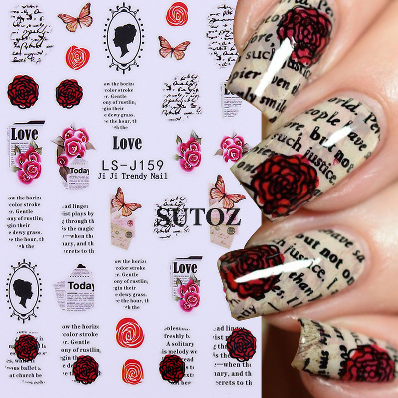 Cross-Border New Nail Art Stickers New Chinese Retro Newspaper Rose Butterfly Art Nail Stickers