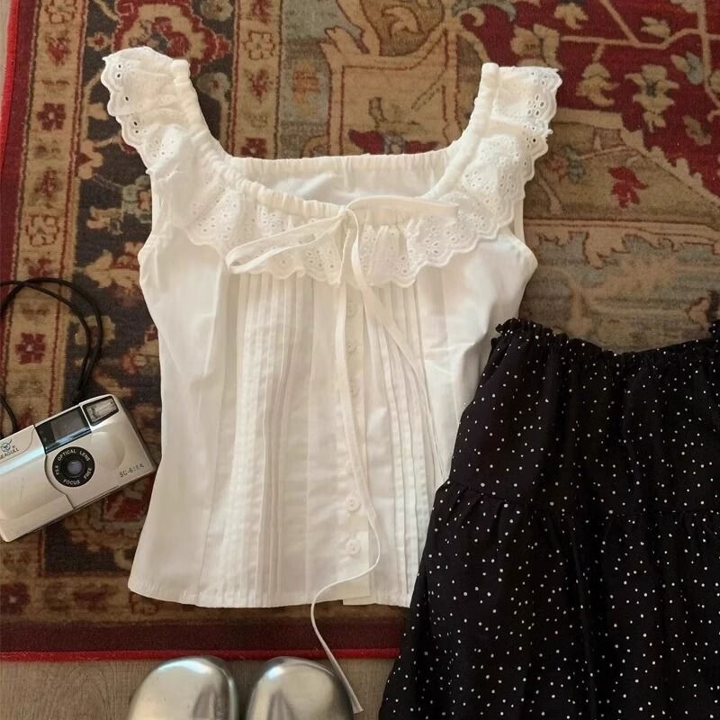 Lace square-neck pleated white shirt for women, 2026 summer new design, niche sleeveless tank top with off-shoulder style Lace square-neck pleated white shirt for women, 2026 summer new design, niche sleeveless tank top with off-shoulder style