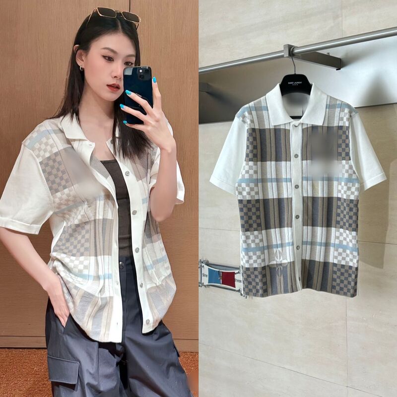 In-Stock Lv Shirt Ss26 New Spring Style Plaid Jacquard Knit Short-Sleeve Unisex Trendy Brand Summer Thin Version In-Stock Lv Shirt Ss26 New Spring Style Plaid Jacquard Knit Short-Sleeve Unisex Trendy Brand Summer Thin Version