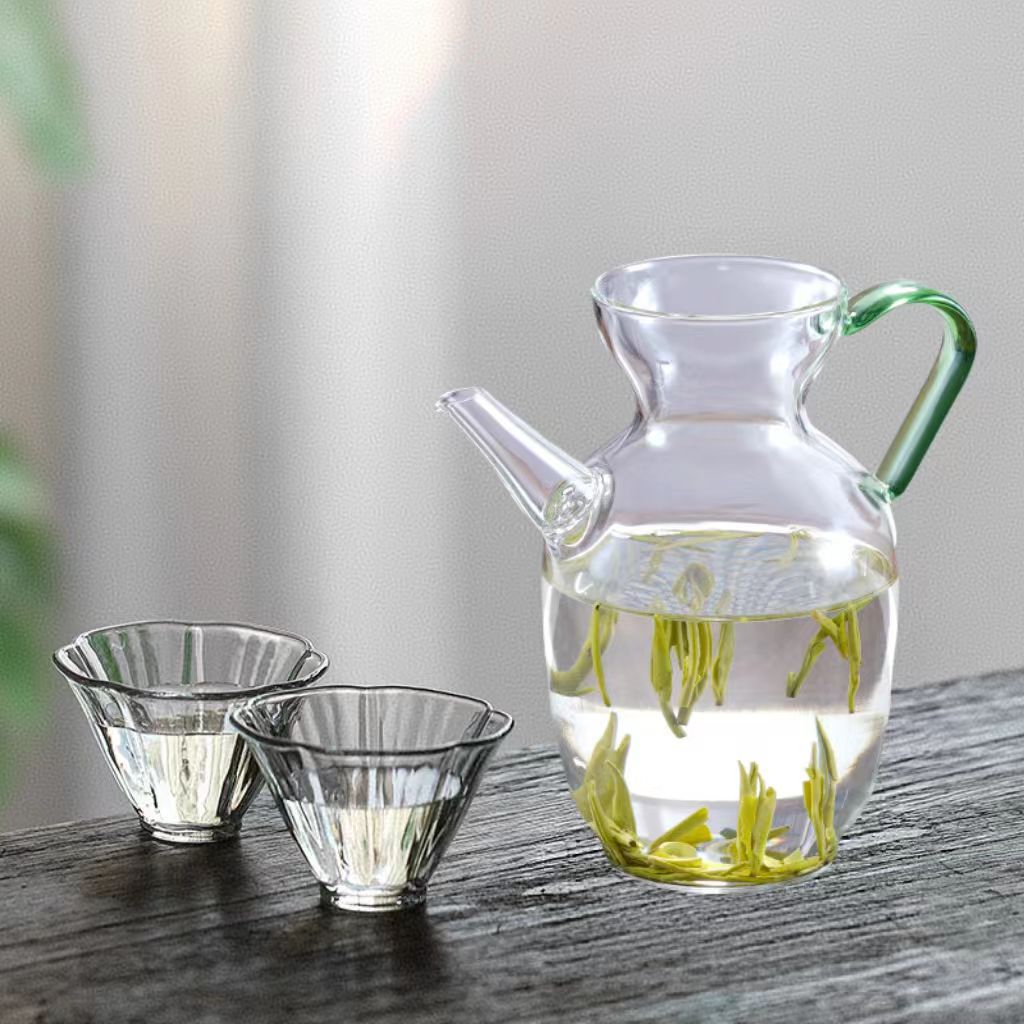 Emerald green handle small morning green teapot + 2 hibiscus cups