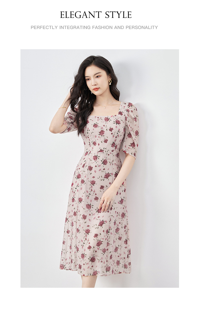 Váy maxi nữ thắt eo tay lỡ in họa tiết chất Tencel Crepe phong cách Pháp — Màu hồng chi tiết 8