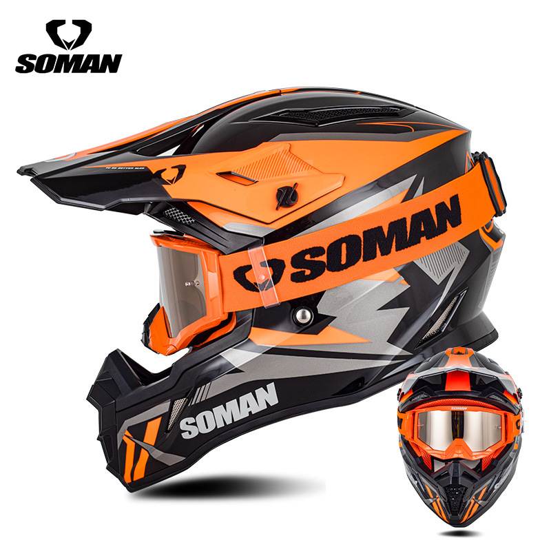 Motuoche – Certified Motosiklet kaskı (dəbilqə) - black-and-orange-lightning-with-orange-goggles-s