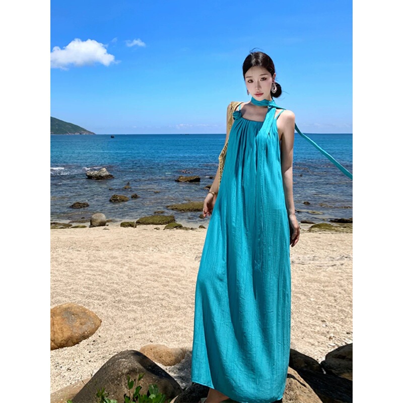 Thailand Beach Long Dress, Ankle-Length, Ultra-Long, Vacation Style, Loose Pleated Strap Dress for Tall People, Summer