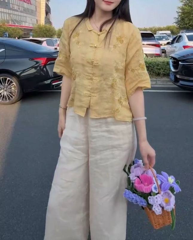 25676 新しい大愛美源 2025 夏の新しい中国風のボタン付きトップルーズワイドレッグパンツ女性用|undefined