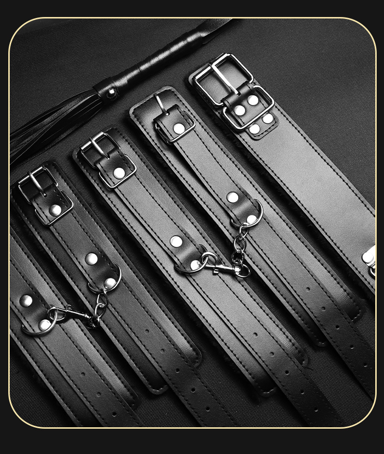 SM Bondage Kit 11-Piece Set with Handcuffs and Nipple Clamps, Black Faux Leather and Plush — detail image 27