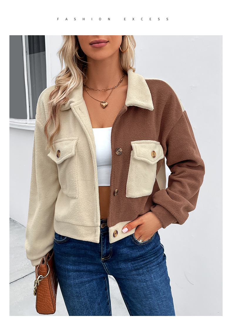 Autumn and Winter Contrast Color Block Jacket Lapel Short Jacket Polar Fleece Jacket_voghion.com