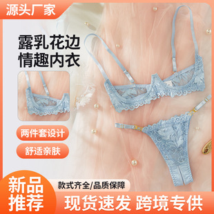 Light Blue Low-Cut Lace Embroidered Sheer Open-Crotch Lingerie Set with Underwire for Adults, Sexy Lace