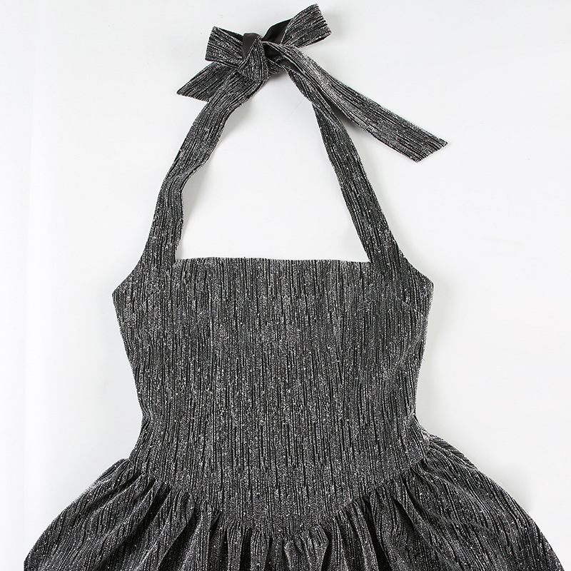 Bright Silk Thin Glittering Halter Dress Tube Top Cinched Waist A line Puffy Puffy dress
