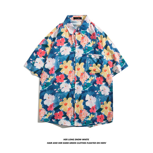 Tide brand niche Insta short sleeve collared shirt for men BF summer casual beach print shirt street loose half sleeve top