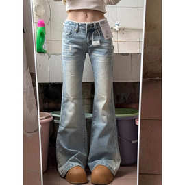 #【非实拍】复古蕾丝边微喇牛仔裤女弹力宽松直筒高腰微喇叭裤