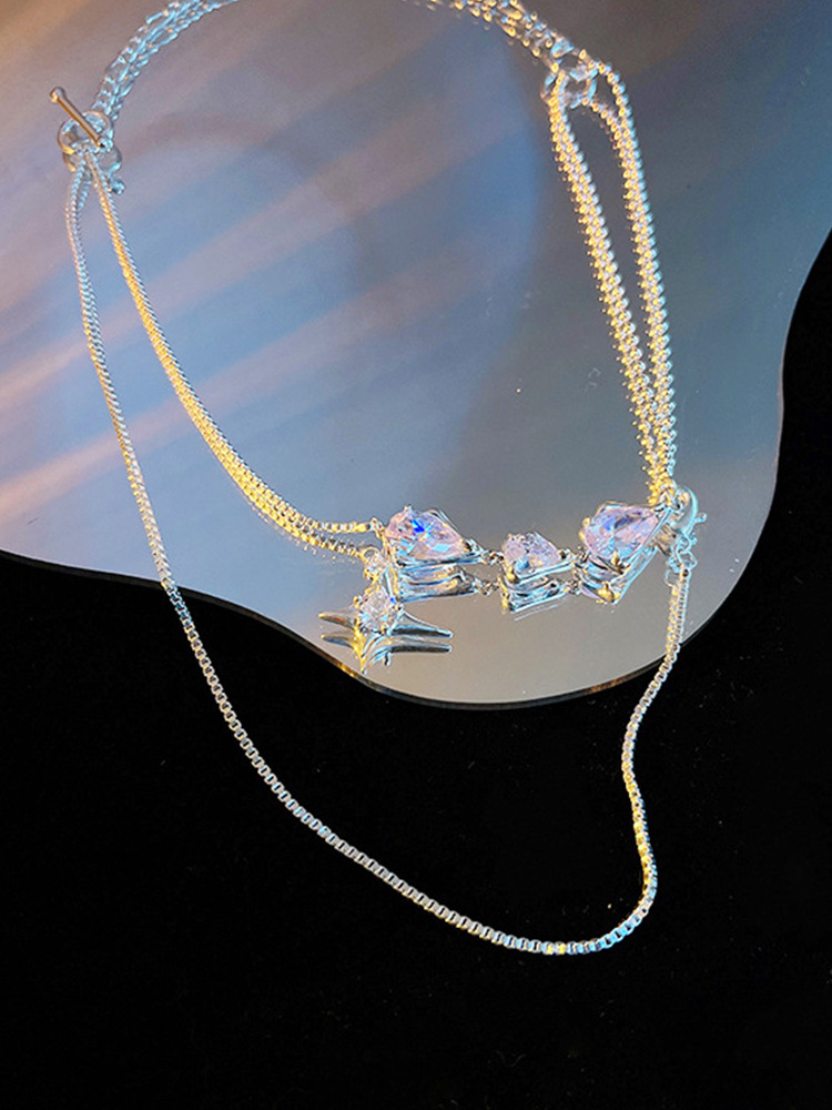 透明水滴锆石四芒星双层项链叠戴时髦感两种戴法甜酷项链颈链女