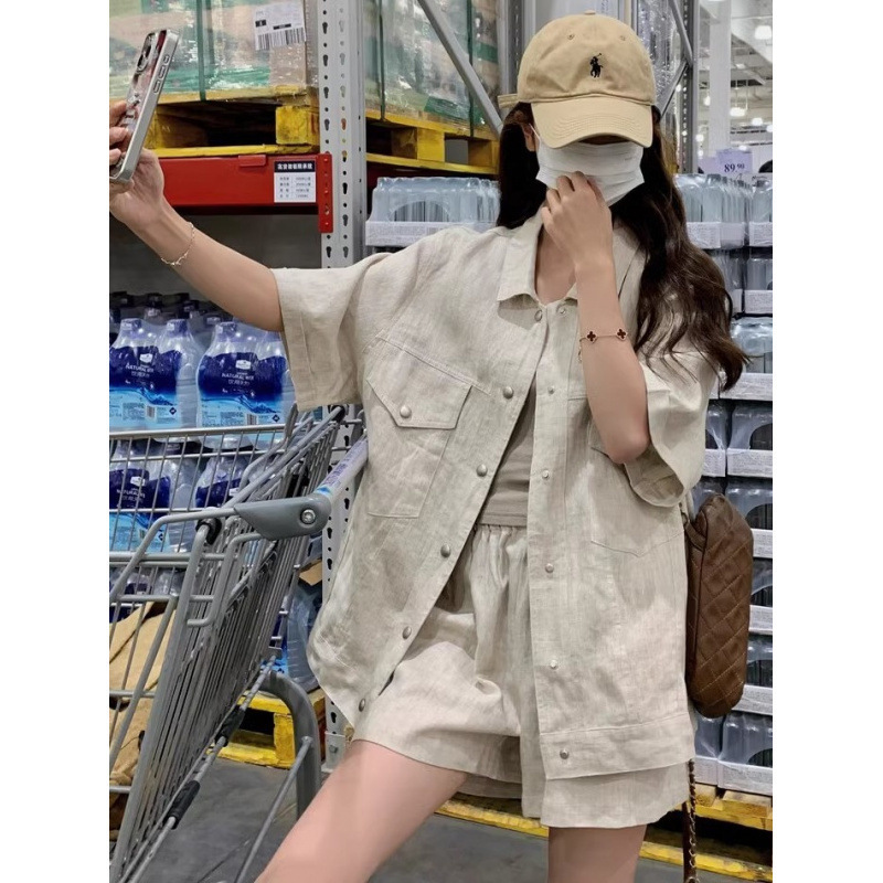 韓国風レイジースタイルワークトップとショーツのツーピースセット女性用夏の新しいスタイルの年齢を減らし、スリムで小さなカジュアルスーツ|undefined