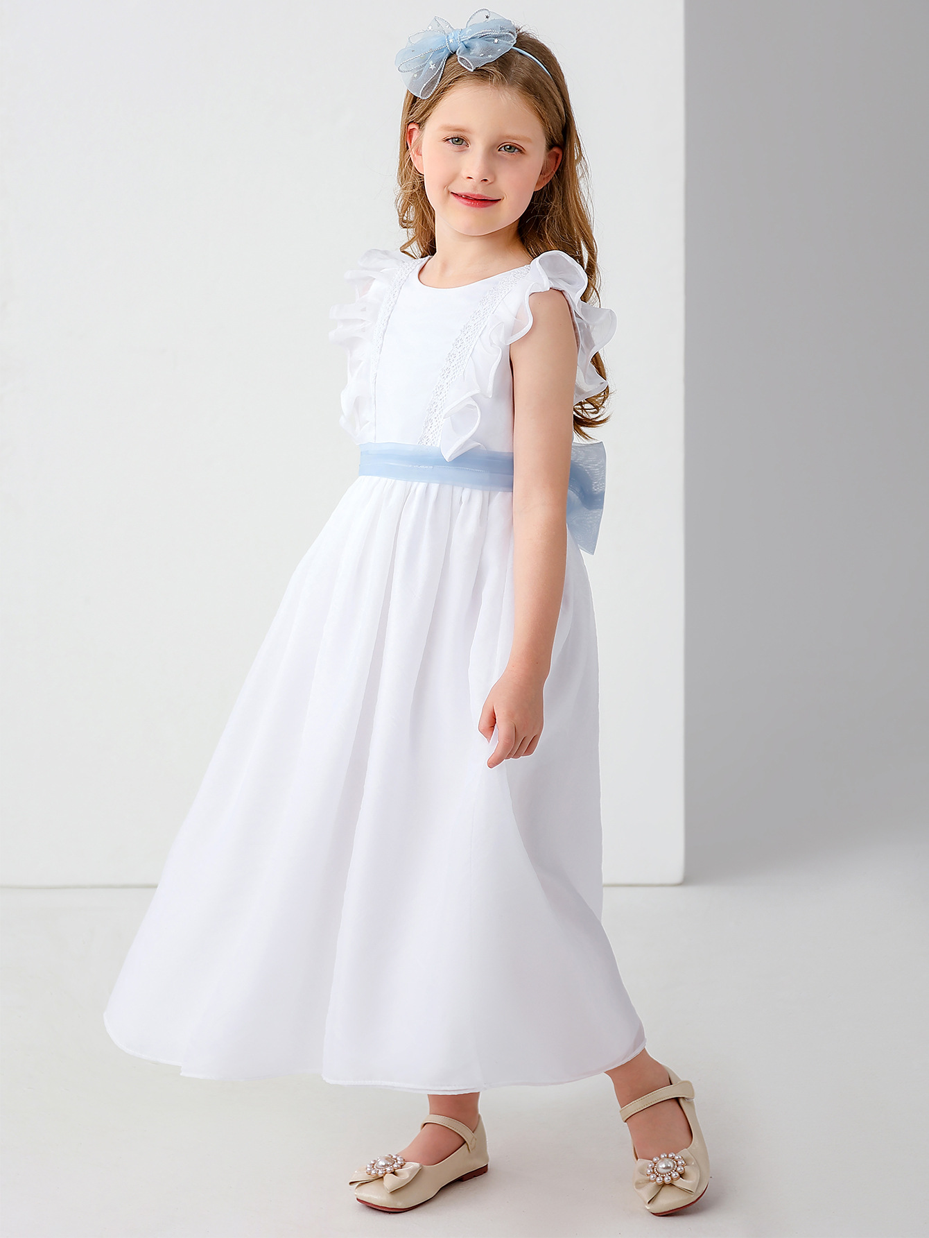 Vestido de novia para niños europeo y americano transfronterizo, vestido de princesa de rendimiento de niña de flores de encaje de lazo de niña de comercio exterior, vestido largo