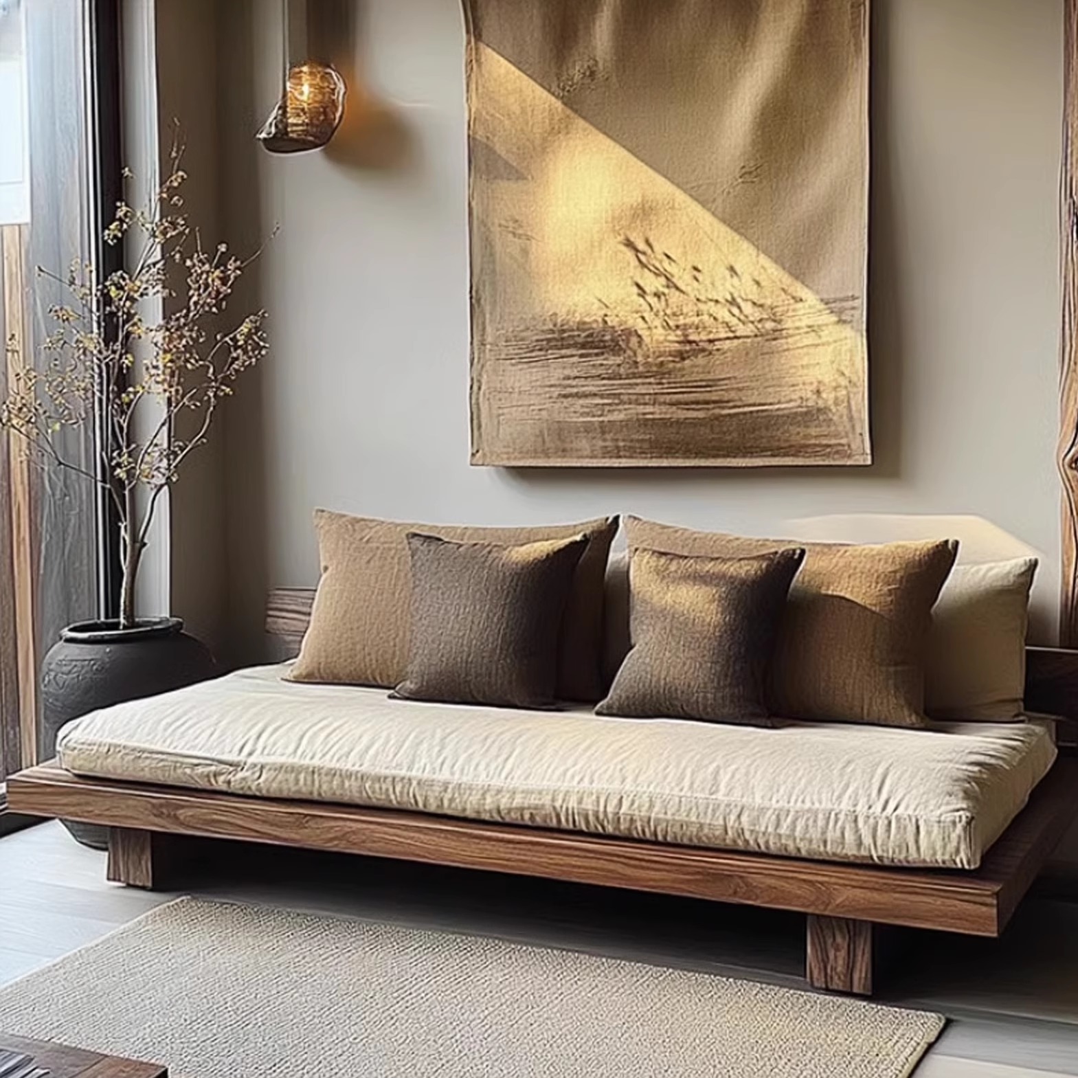 侘寂风老榆木沙发原木民宿直排沙发小户型实木酒店别墅三人位沙发