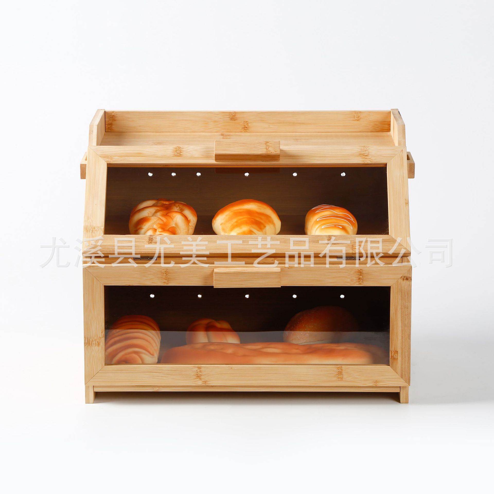 Caja de pastel de madera transfronteriza caja de almacenamiento de pan caja de pan de bambú con caja de almacenamiento de doble capa de cocina de vidrio transparente