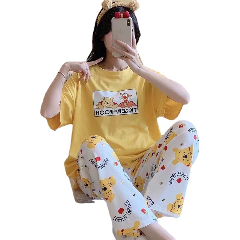 Pijamas verano de las mujeres de manga corta delgada de dibujos animados dulces lindos pantalones casuales de dibujos animados desgaste del hogar traje de primavera y otoño image 6