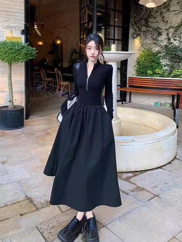 French-style gentle wind, waist-cinching, slimming, versatile one-piece dress for spring and autumn, elegant zipper base dress, large skirt, high-waisted slimming