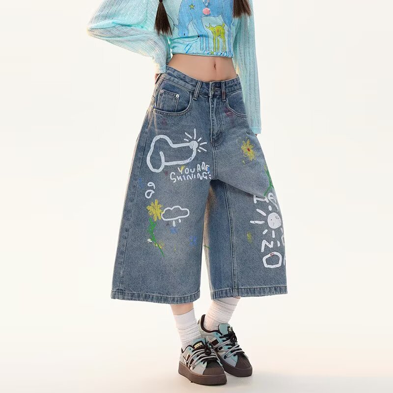 Trendy Cartoon Graffiti Print Denim Capri Pants for Women, Summer 2026 New High-Waisted Loose Straight-Leg 7/8 Length Pants
