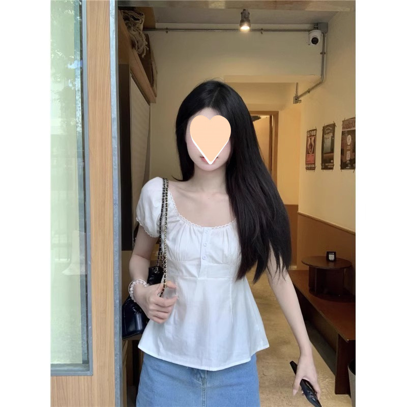 優しいスタイルの年齢を軽減するパフスリーブ白シャツ女性のための夏の2025新しいウエストショート3つボタントップ|undefined