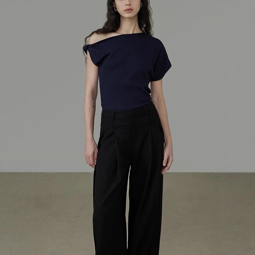 UNSPOKE 不对称斜肩T恤女露肩2025夏季新款修身显瘦感上衣棉