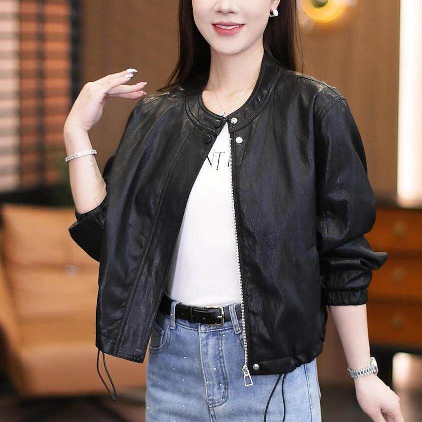 Áo khoác da ngắn cổ lông nữ dáng ôm, áo khoác da mềm lót lông — Cà phê đỏ với nhung, Lông cừu đen chi tiết 4