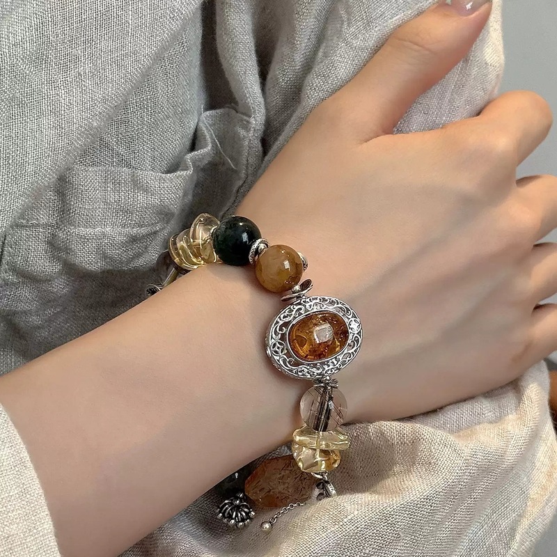 S925银绿锂云绿发晶铜发晶白水晶翡翠新蜜花珀叶子流苏手串|undefined