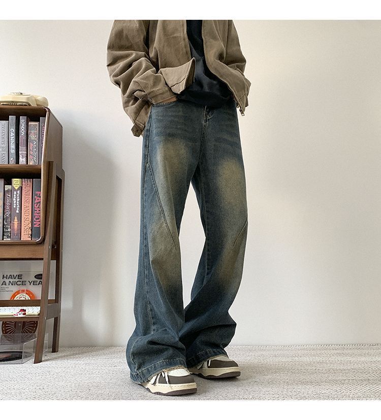 Men's High Street Cleanfit Vintage Washed Denim Jeans - Relaxed Fit Straight Leg Trousers For Casual Wear​_mkmklike.com