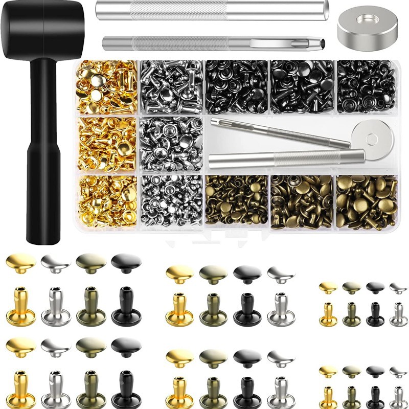 480 sets de remaches de doble cara con 4 piezas de herramientas de instalación martillo de cuero impacto clavo decorativo botón doble tapa remaches para transfronteriza