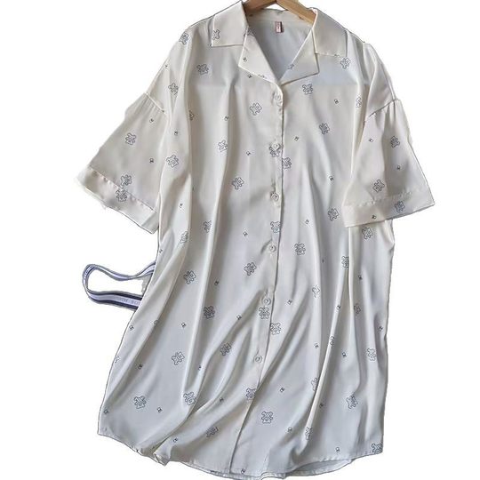 Spring and Summer New Short-sleeved Ice Silk Nightgown Women's Thin Shirt Dress Cartoon Casual plus size Home Clothes for Outer Wear
