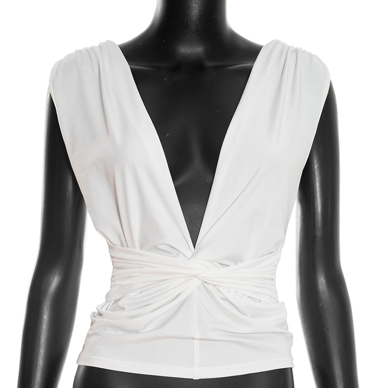 Women's V Neck Pullover Top Spring Summer Solid Color Ruched Knot Waist Cinching New Fashion_ecoleips.com