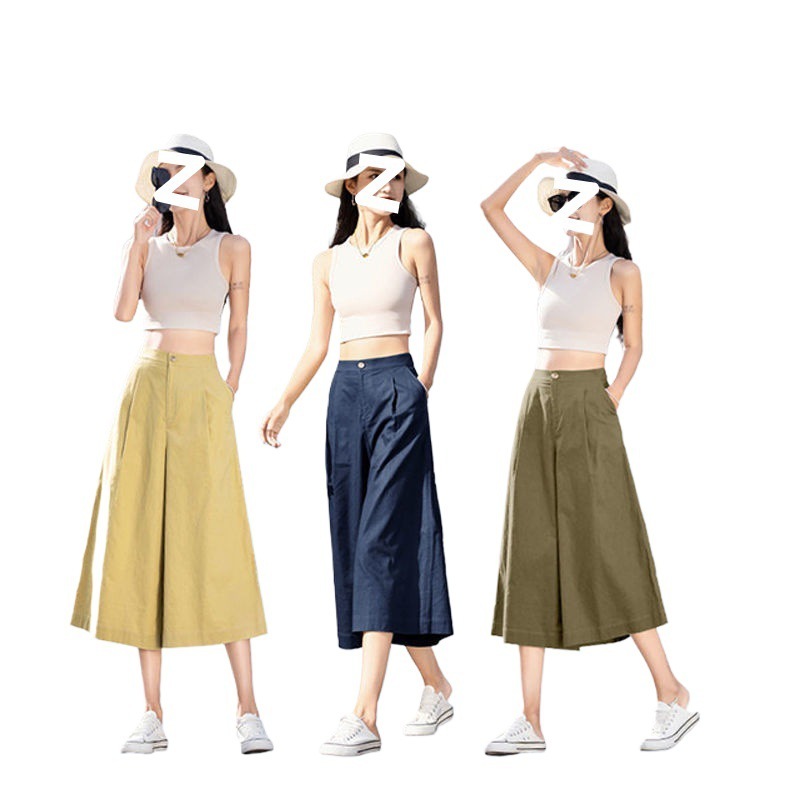 ドレープコットンとリネンのクロップドパンツ、夏用の薄手の女性用ハイウエストスリムで通気性のあるワイドレッグパンツ、多用途のアーティスティックカジュアルスカートパンツ|undefined