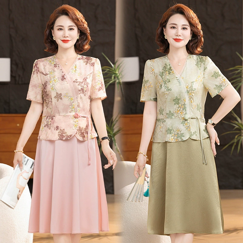 Летнее платье для молодой мамы, платье для женщин среднего и пожилого возраста, модная юбка с короткими рукавами для богатых дам, новая длинная юбка 2025 года.