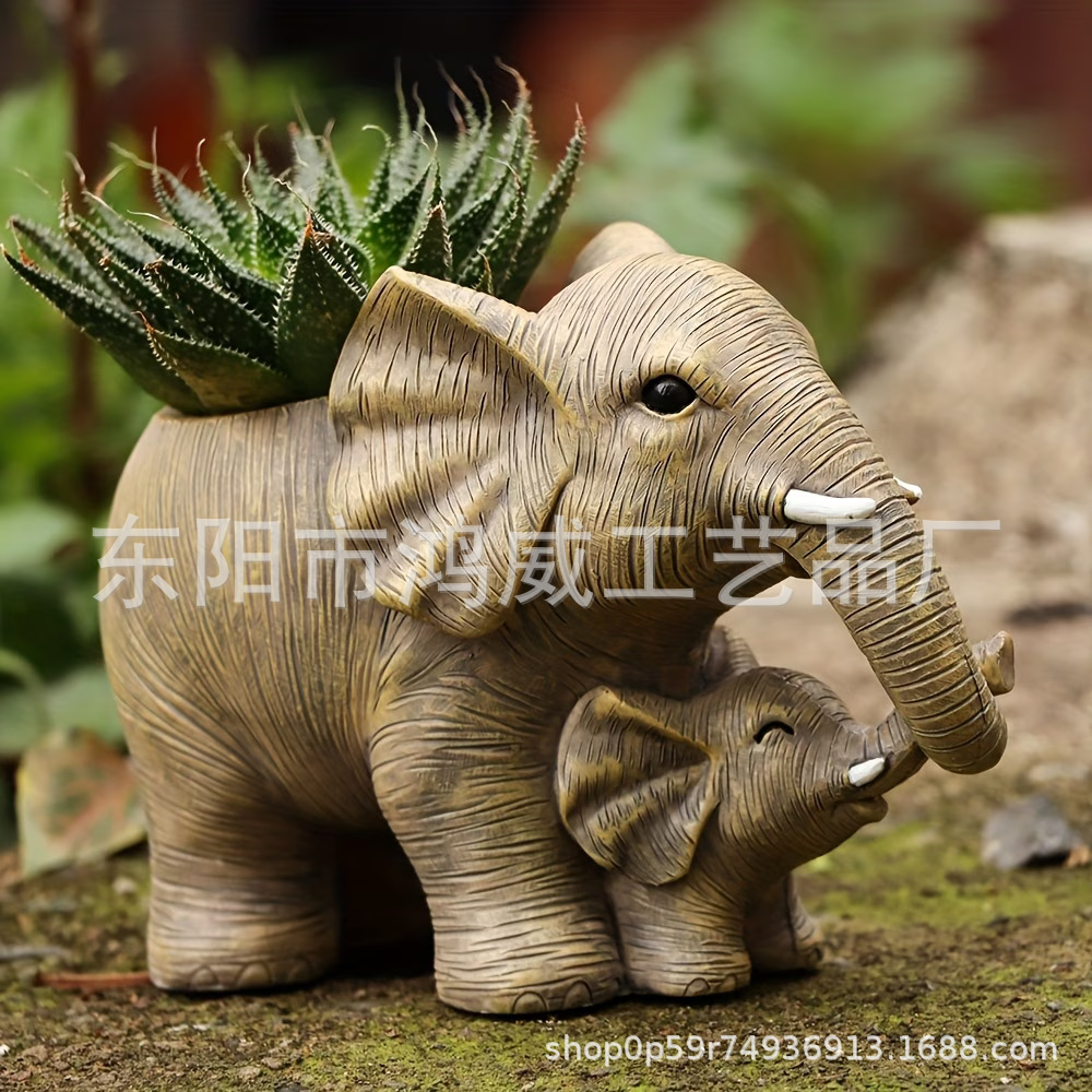 Maceta de Elefantes Madre e Hijo de Resina, Decorativo para Hogar y Jardín