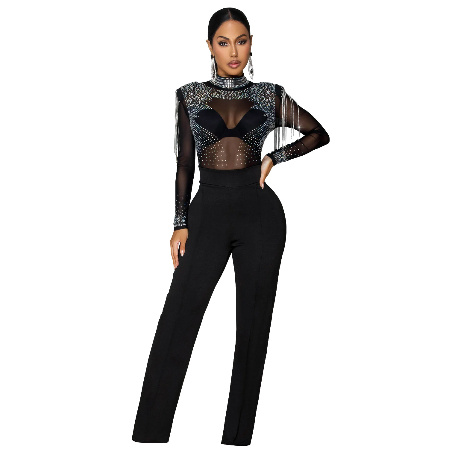 C7579 Aliexpress transfronterizo Amazon Europa y América de moda femenina perspectiva sexy malla de diamante de manga larga junk image 7
