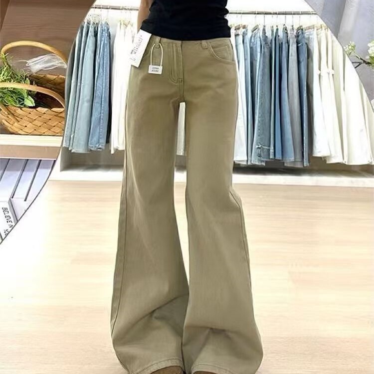 Khaki Jeans for Women, Summer New Style, Simple and Trendy, Low-Waisted, Loose, Slightly Flared Pants, Versatile Floor-Length Pants