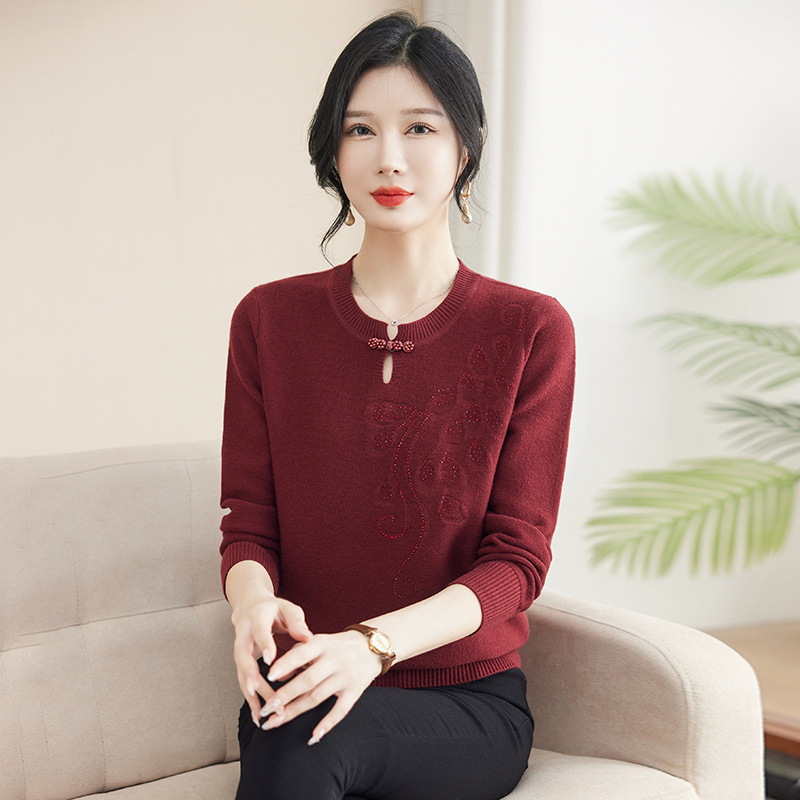 2025春秋新款针织衫时尚圆领长袖毛衣大码宽松妈妈装上衣打底衫冬，女装针织衫/毛衣，妃慕昵服饰