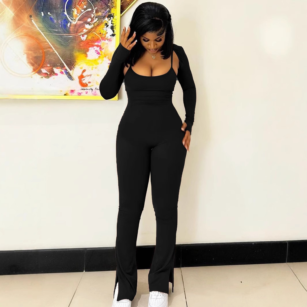 Ltk81037 Color Simple Long-Sleeved Shawl Suspender Top Sexy Fashion Sports Slim Slim Jumpsuit Women's Clothing