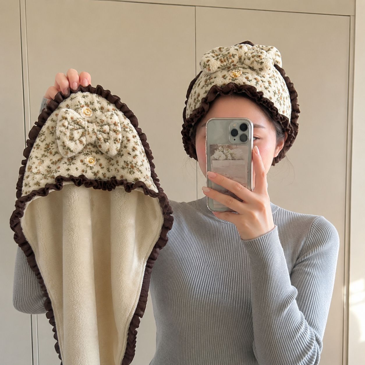 New printed hair-drying cap for women, absorbent and quick-drying, thickened coral fleece with floral lace, bath cap