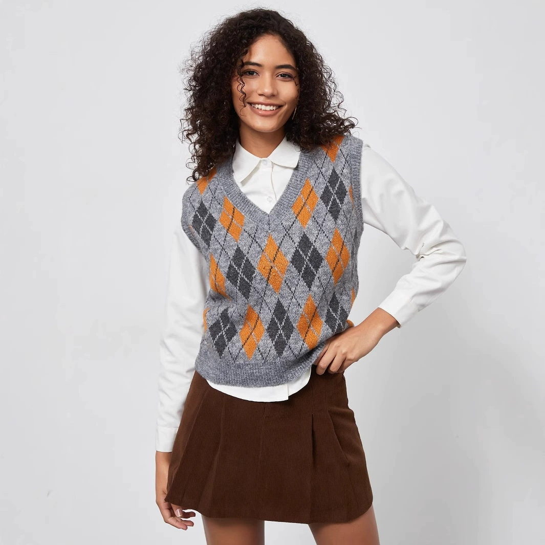 Трансграничная электрическая коммерция женская одежда оптом в европейском и американском колледже стиль бриллиантовый трикотажный жилет осень новый клетчатый жилетный топ