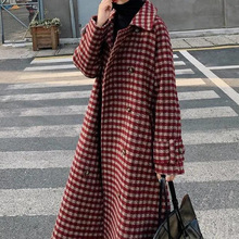 毛呢外套女中长款格子秋冬季宽松韩版复古百搭收腰呢子大衣风衣