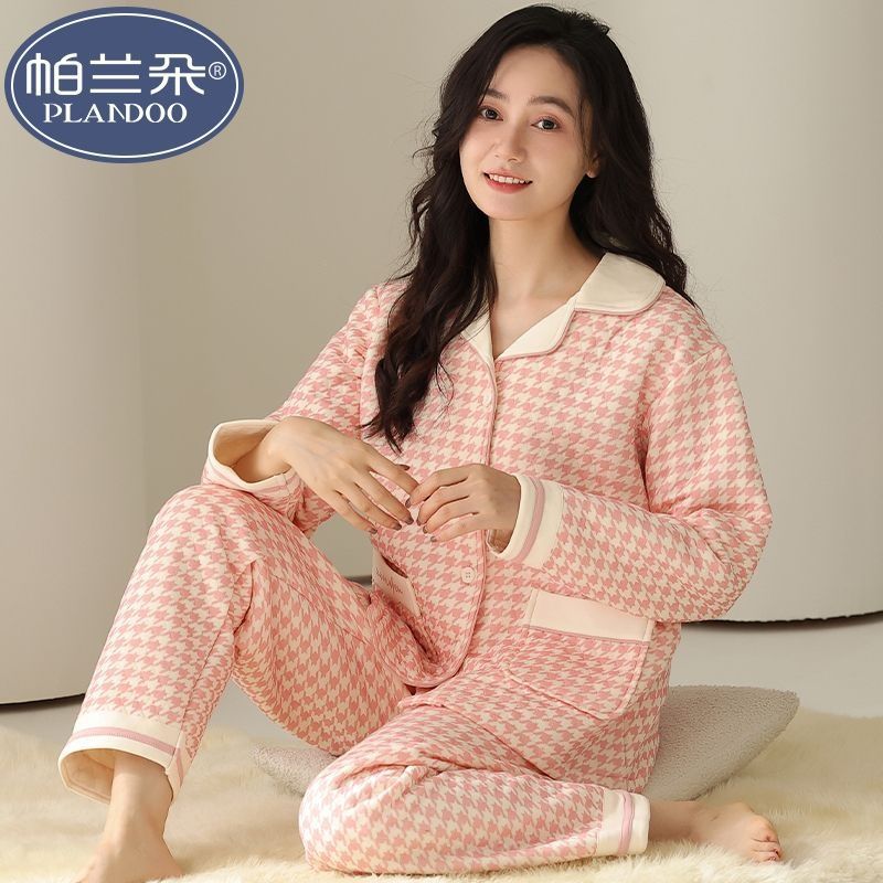 Nuevo pijama de algodón para mujeres otoño y invierno engrosado de mangas largas de aire algodón delgado intercalado de algodón grande conjunto de ropa para el hogar