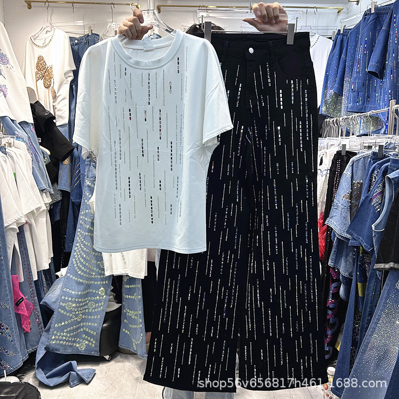 European Style Heavy-Duty Glass-Studded White Short-Sleeve T-Shirt Top + Black High-Waisted Fashionable Wide-Leg Denim Pants Set