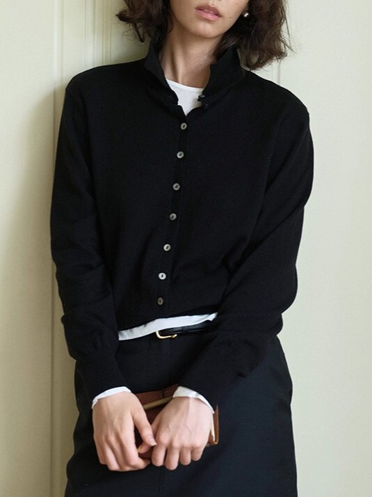 谁桃子 精简衣橱 知识分子polo领羊毛长袖针织开衫女内搭秋季上衣|undefined