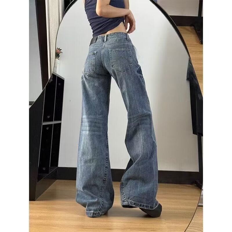 American Retro Low-Waist Flared Jeans for Women 2025 Autumn Loose Slimming Straight-Leg Floor-Length Pants