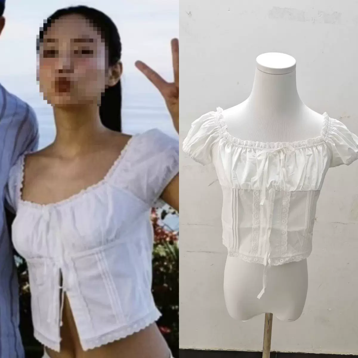 长期现货2025夏金智妮jennie同款方领褶皱边系带蕾丝短款衬衫上衣